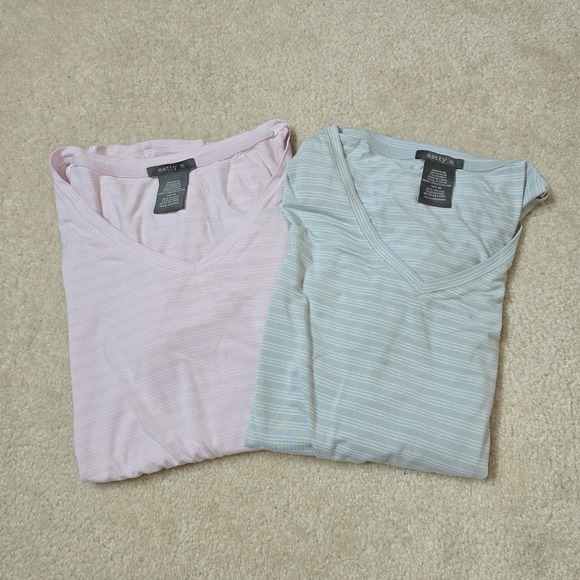 Lot: 2 Matty M Pink And Blue Womens V Neck Striped Knit Tee Shirt Top Size M